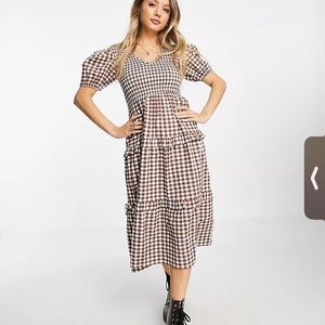 Asos Influence tiered midi dress in brown gingham